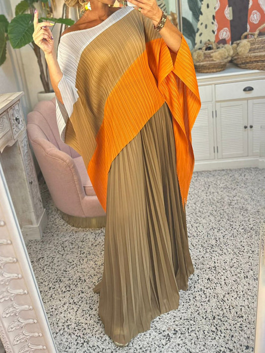 Irregular Color Block Pleated Two Pieces Set