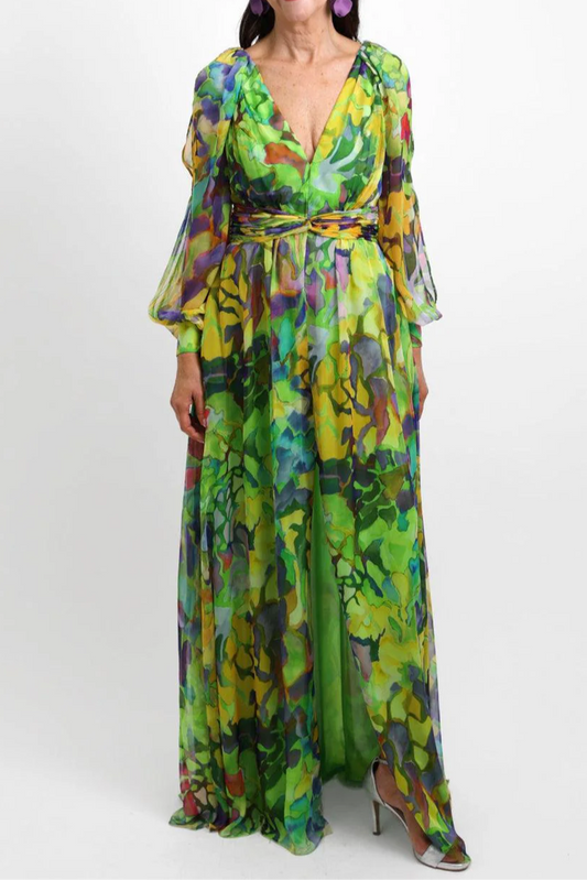 Green Printed Chiffon Long Sleeve Dress