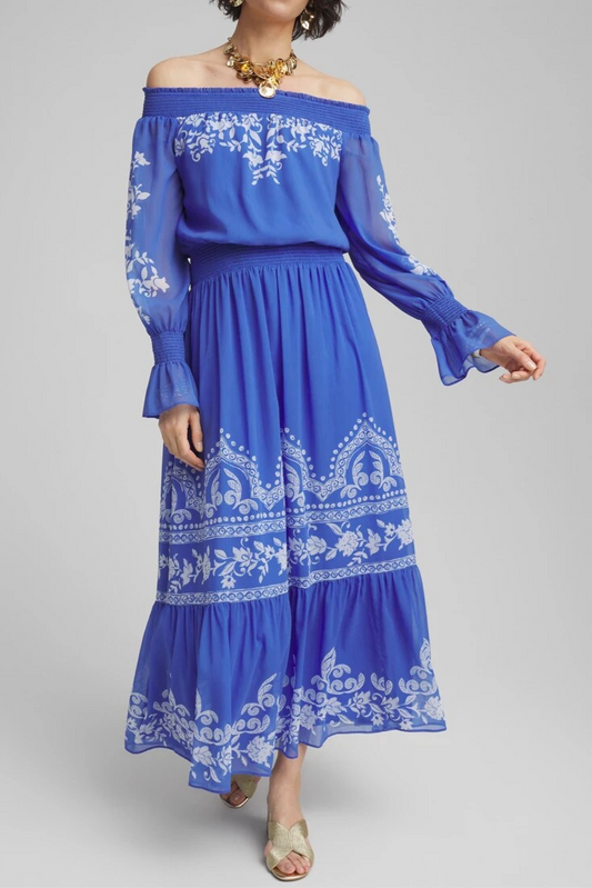 Open-Shoulder Laminated Long Dress