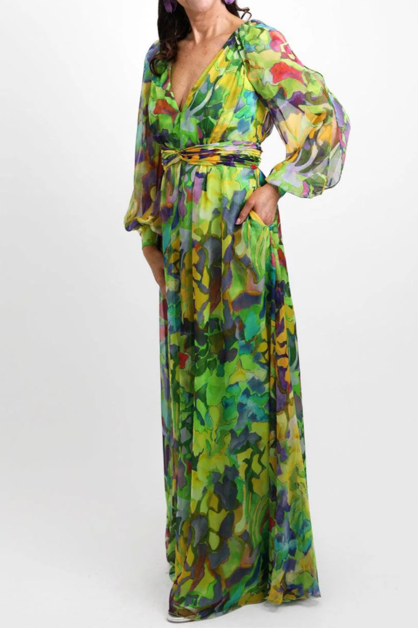 Green Printed Chiffon Long Sleeve Dress