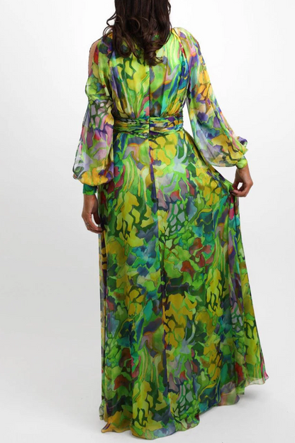 Green Printed Chiffon Long Sleeve Dress