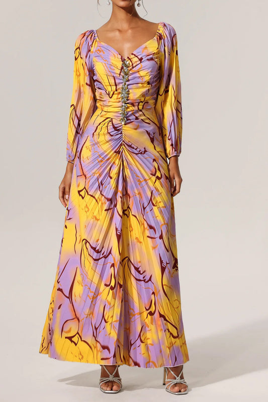 Diamond, Pleated Print, Long Sleeve Dress