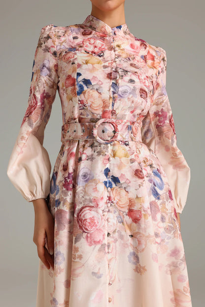 Stand Collar Single Breasted Printed Dress