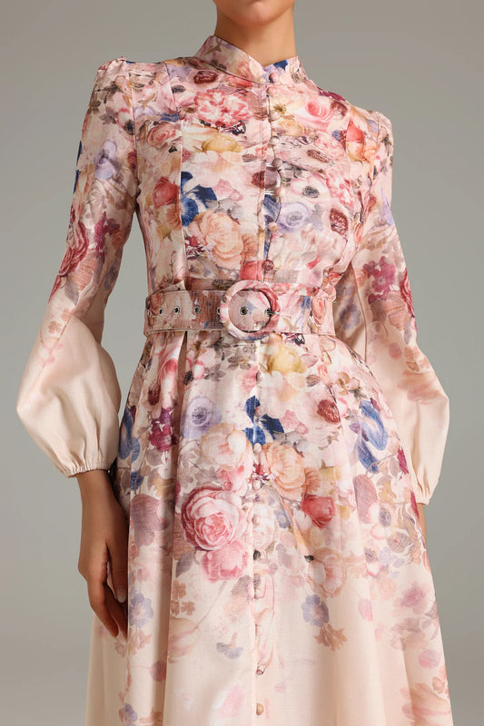 Stand Collar Single Breasted Printed Dress