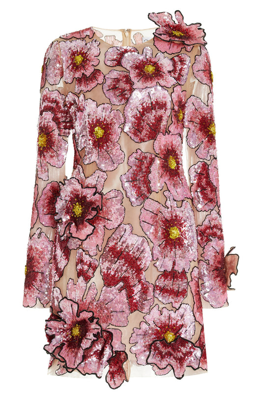 Embroidered Long Sleeve Floral Short Dress