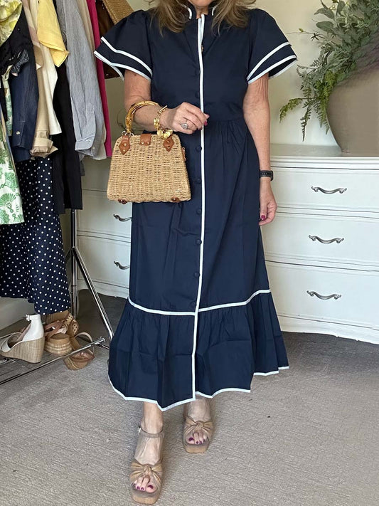 Band Collar Flounced Hem Maxi Dress
