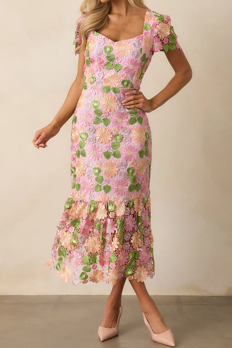 Embroidered Floral Hollow Long Dress