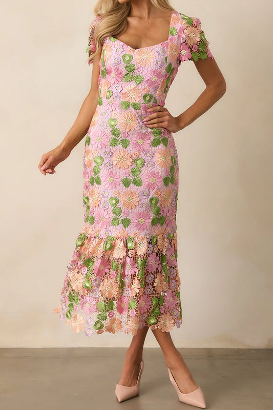 Embroidered Floral Hollow Long Dress