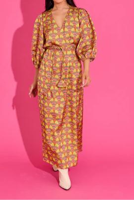 Orange Retro Print Wrap Dress