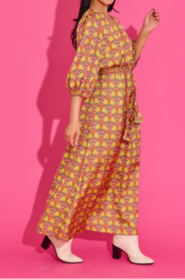 Orange Retro Print Wrap Dress