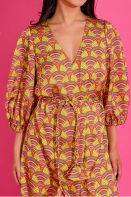 Orange Retro Print Wrap Dress