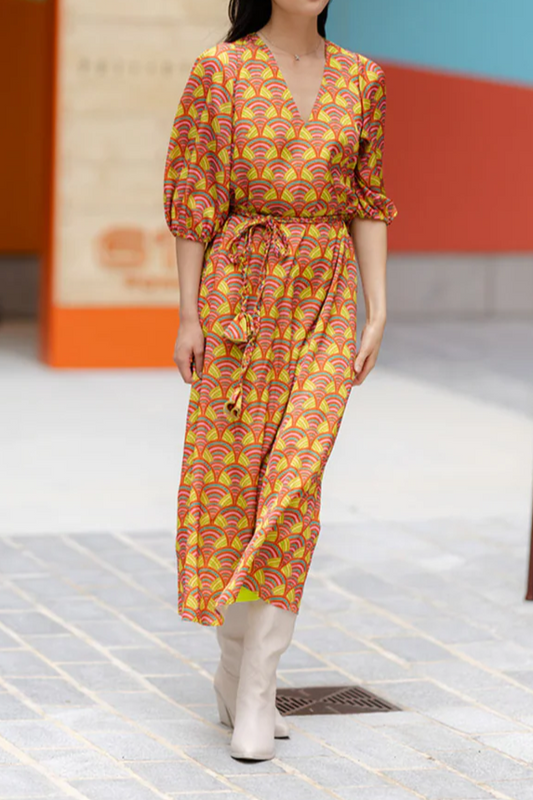 Orange Retro Print Wrap Dress