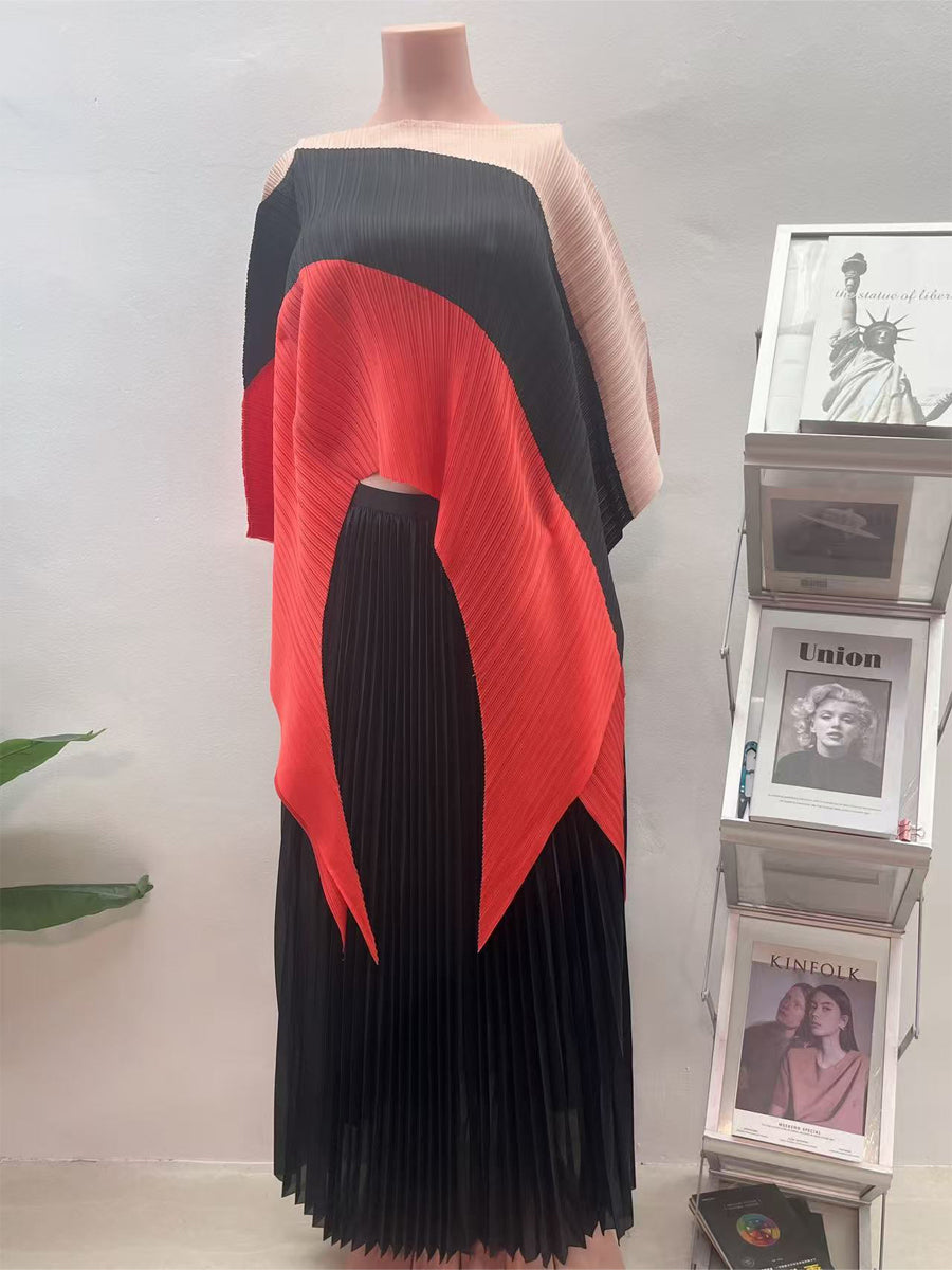 Irregular Color Block Pleated Two Pieces Set