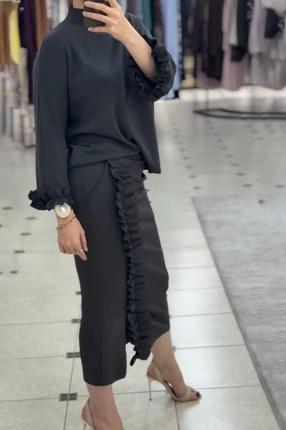 Black Lace Pleated Skirt Suit