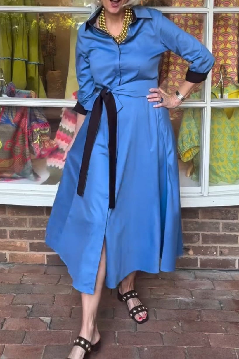 Blue Belted Midi Shirt Dress