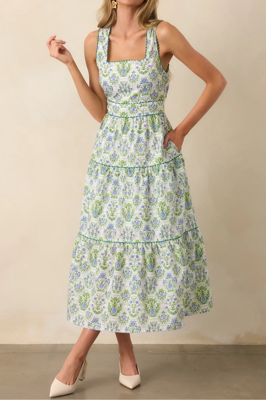 Green Geometric Floral Cotton Maxi Dress