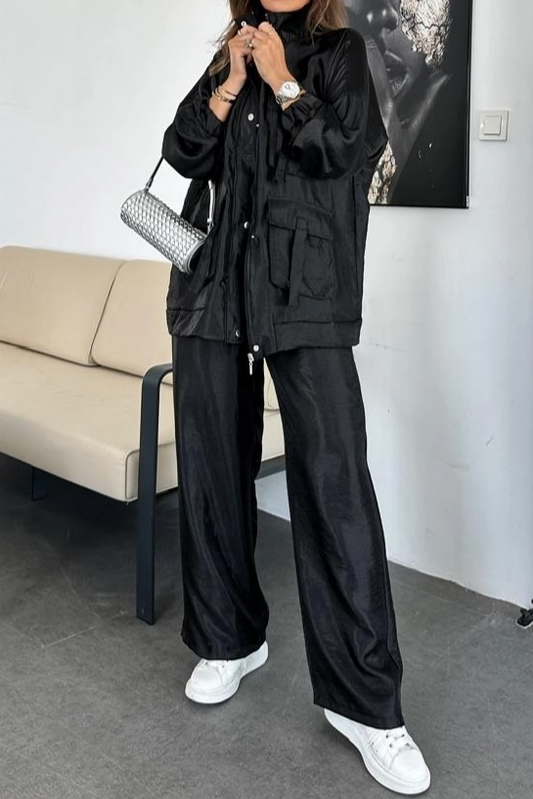 Straight Trousers, Solid Color Fashion Long Sleeve Jacket Two-piece