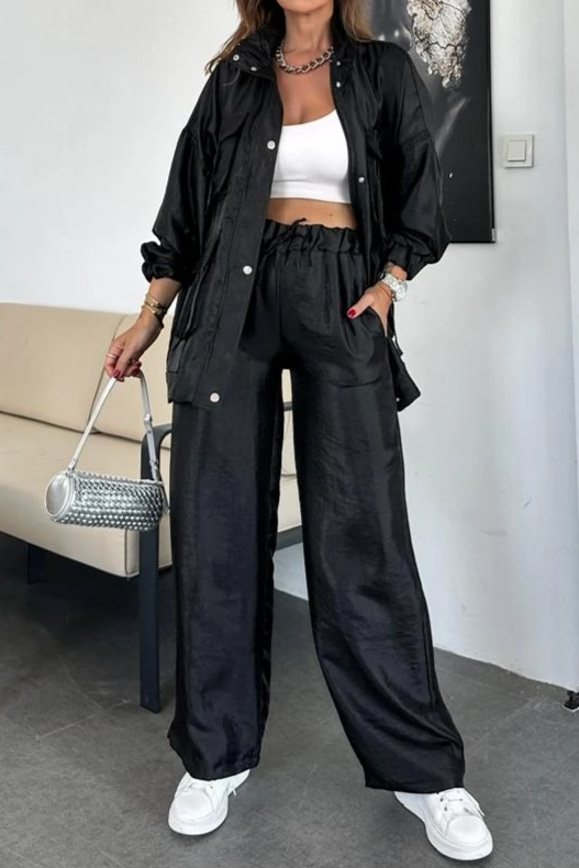 Straight Trousers, Solid Color Fashion Long Sleeve Jacket Two-piece