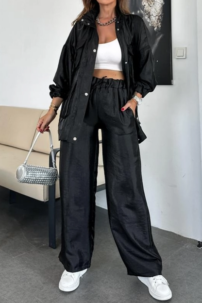 Straight Trousers, Solid Color Fashion Long Sleeve Jacket Two-piece
