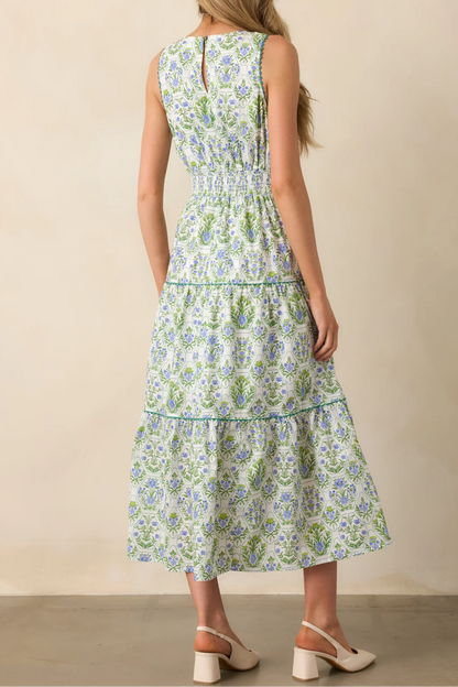 Green Geometric Floral Cotton Maxi Dress