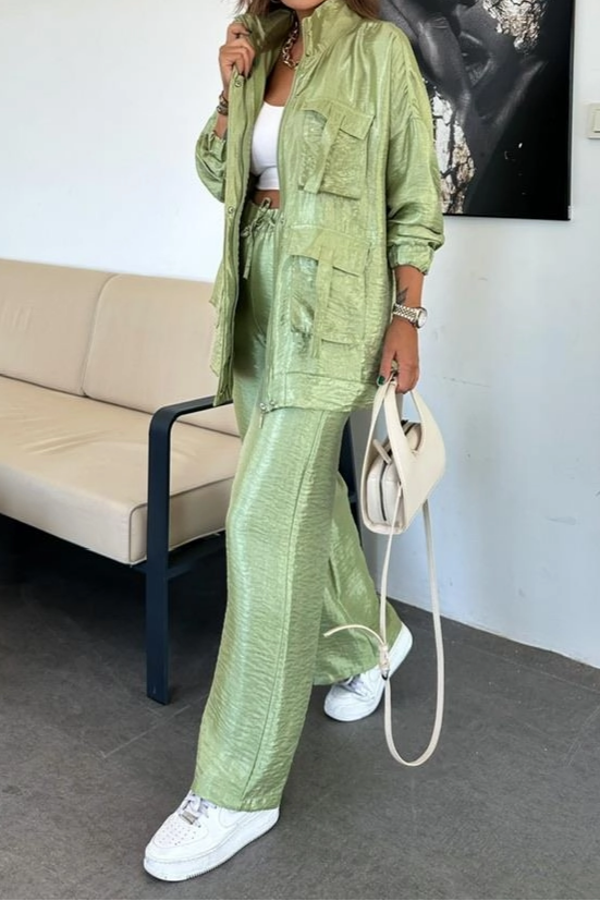 Straight Trousers, Solid Color Fashion Long Sleeve Jacket Two-piece