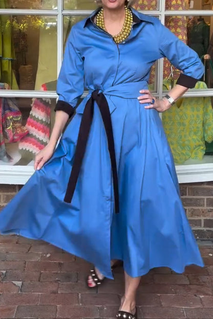 Blue Belted Midi Shirt Dress