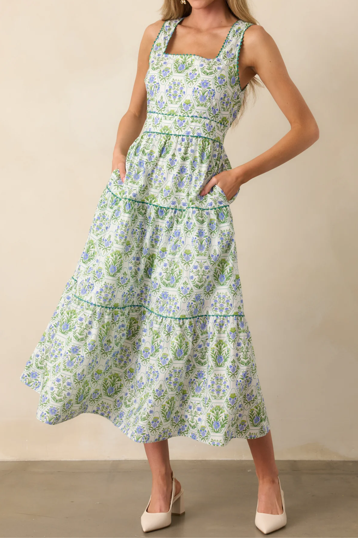 Green Geometric Floral Cotton Maxi Dress