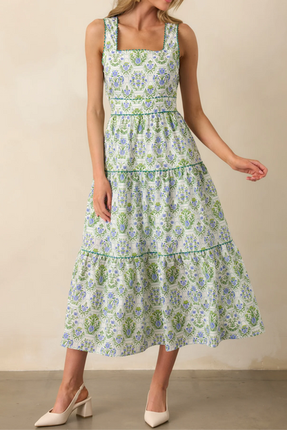 Green Geometric Floral Cotton Maxi Dress