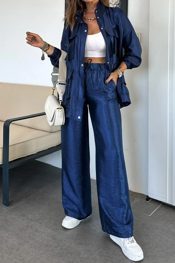 Straight Trousers, Solid Color Fashion Long Sleeve Jacket Two-piece