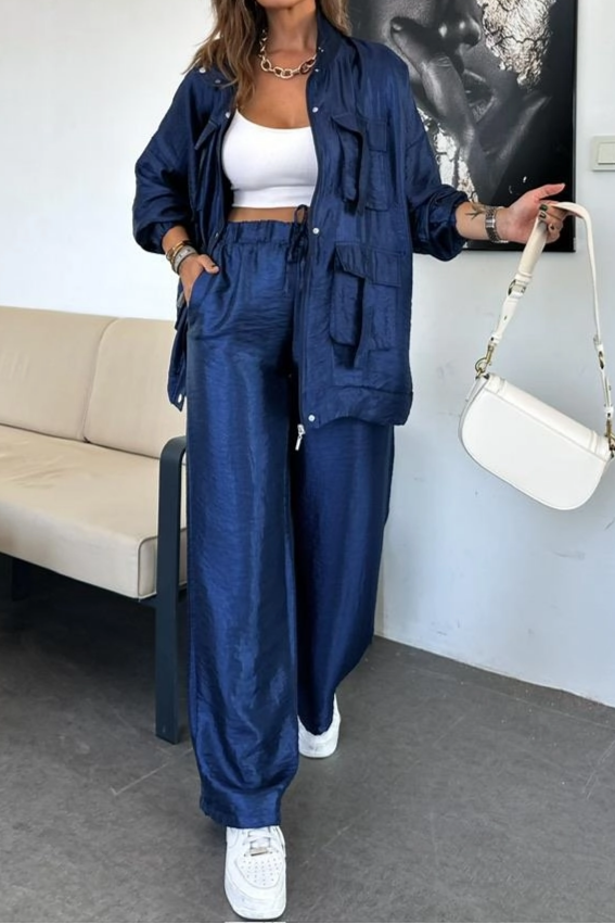 Straight Trousers, Solid Color Fashion Long Sleeve Jacket Two-piece