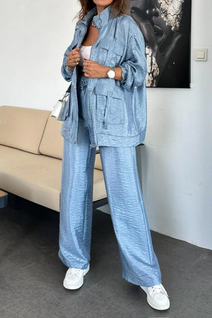 Straight Trousers, Solid Color Fashion Long Sleeve Jacket Two-piece