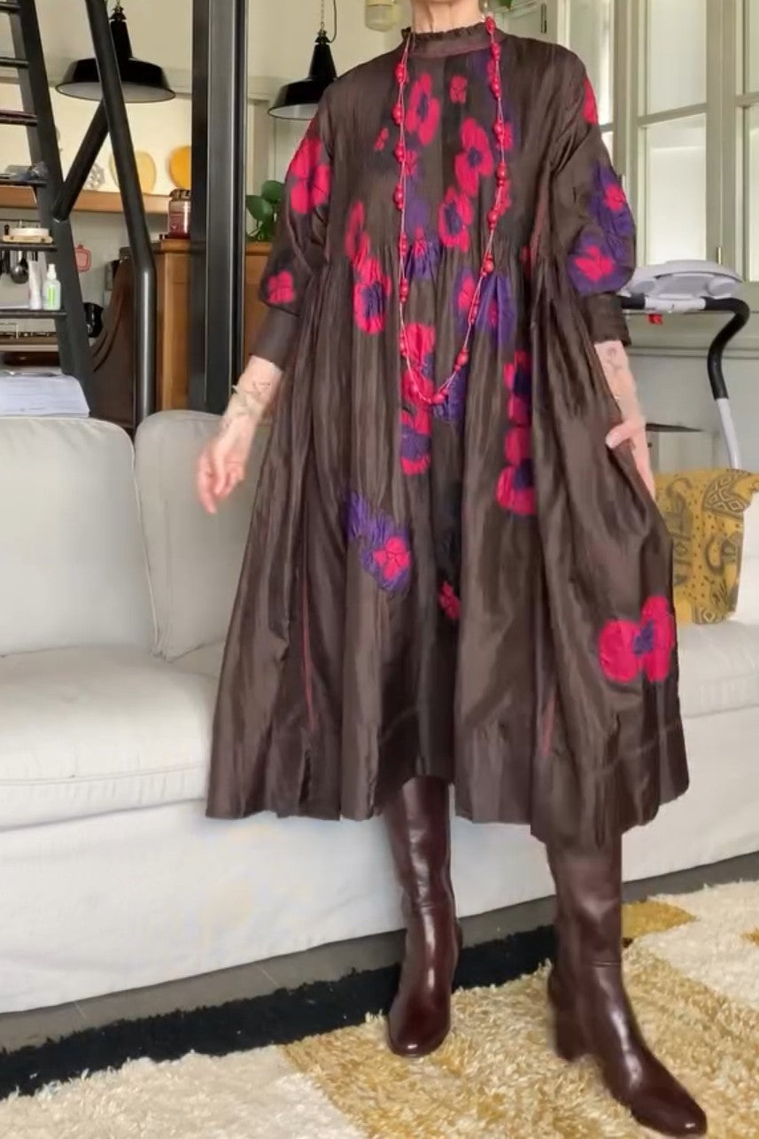 Dark Brown Loose Long Sleeve Lace Dress