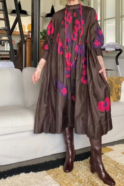 Dark Brown Loose Long Sleeve Lace Dress