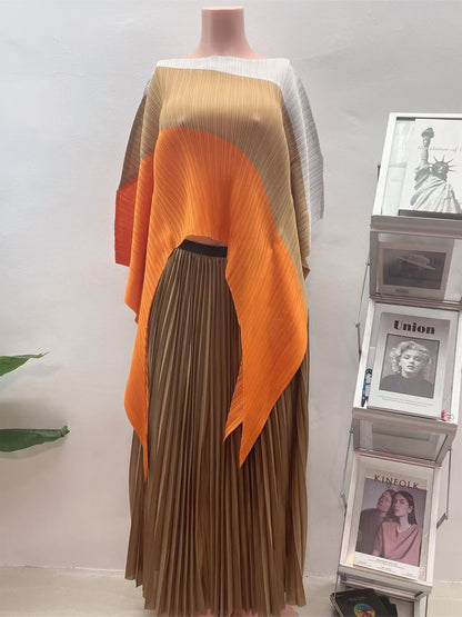 Irregular Color Block Pleated Two Pieces Set