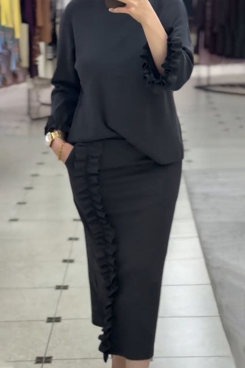 Black Lace Pleated Skirt Suit