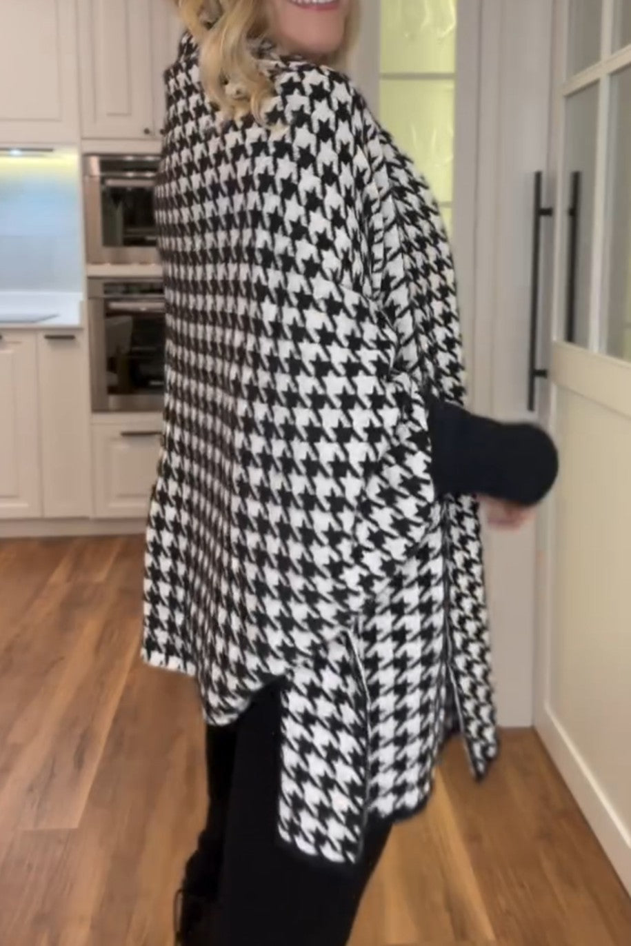 Houndstooth Batwing Sleeve Patchwork Coat