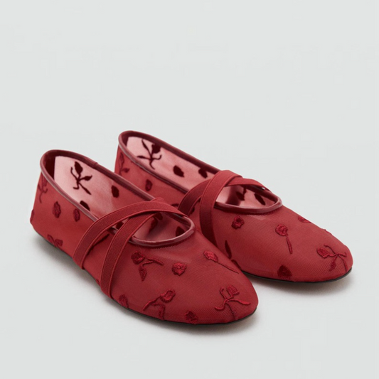 Mesh Embroidered Flower Round-toe Cross-strap Ballet Flats