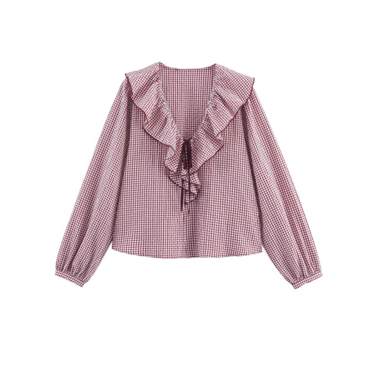 Doll Collar Check Shirt, French Style Design Long Sleeve Shirt