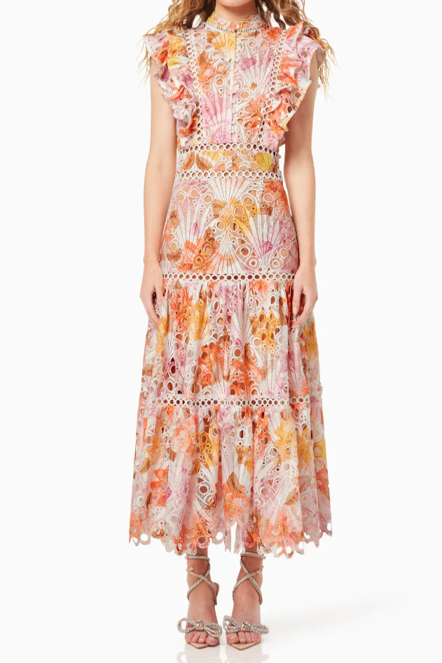 Ruffled Printed Embroidered Hollow Long Skirt