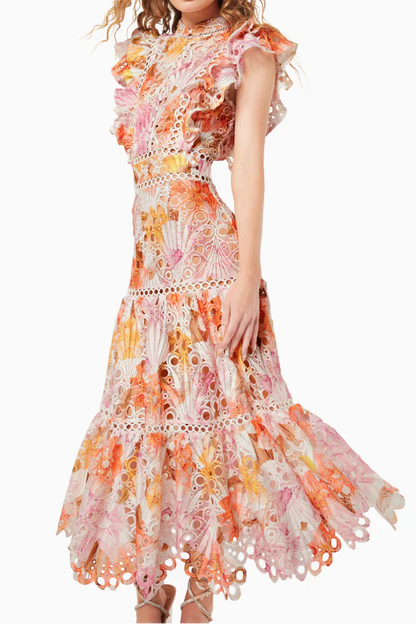 Ruffled Printed Embroidered Hollow Long Skirt