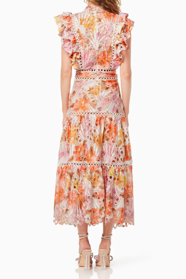 Ruffled Printed Embroidered Hollow Long Skirt