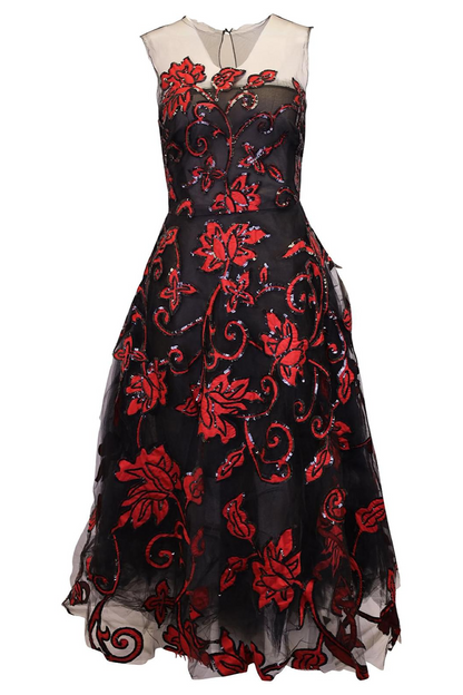 Black & Red Floral Embroidered Gown
