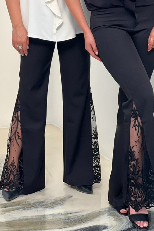 Black Lace-Stitching Slim Flared Pants