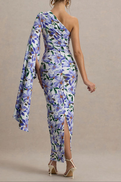 Cream Floral-Print Asymmetric Shawl Embroidered Maxi Dress