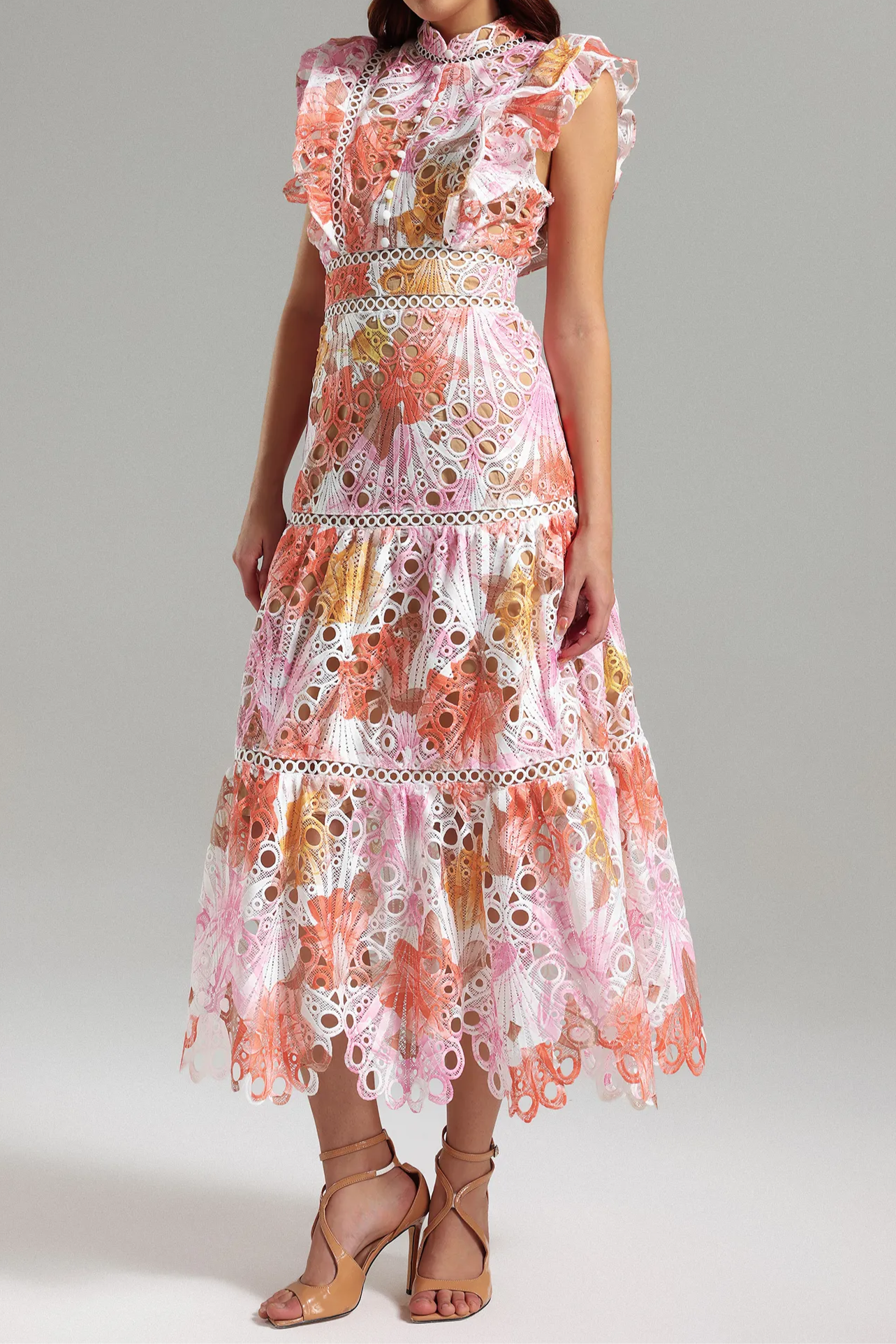 Ruffled Printed Embroidered Hollow Long Skirt
