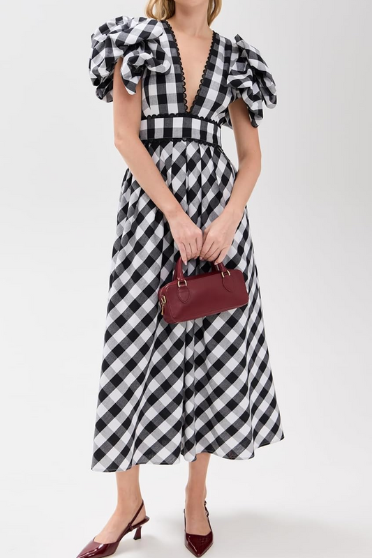 Black And White Plaid Deep V Bubble Sleeve Long Dress