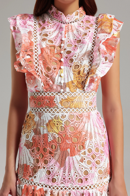 Ruffled Printed Embroidered Hollow Long Skirt