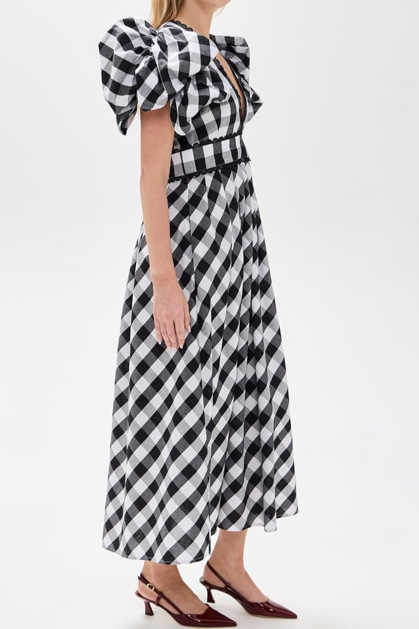 Black And White Plaid Deep V Bubble Sleeve Long Dress