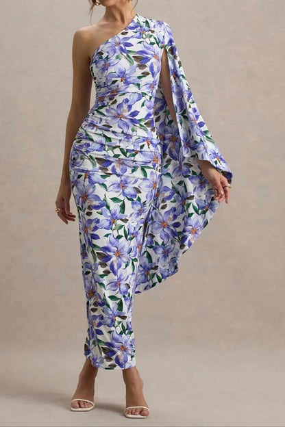 Cream Floral-Print Asymmetric Shawl Embroidered Maxi Dress