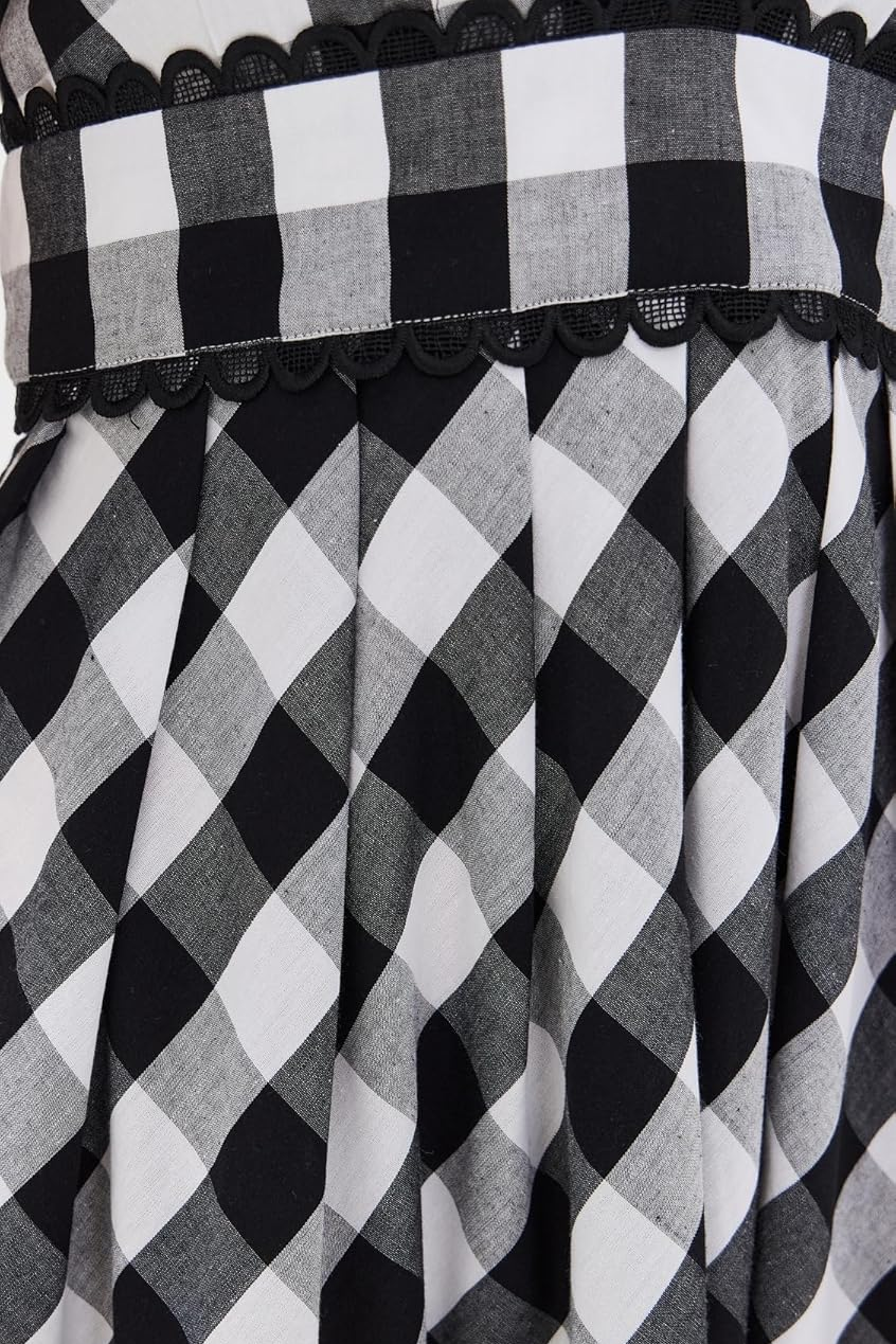 Black And White Plaid Deep V Bubble Sleeve Long Dress